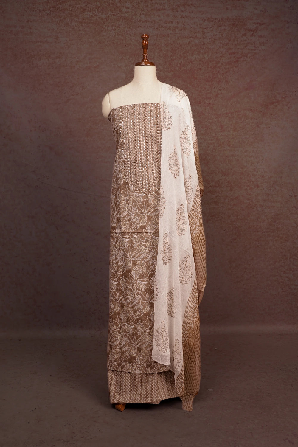 Light Brown Cotton Printed Unstitched Churidhar Material