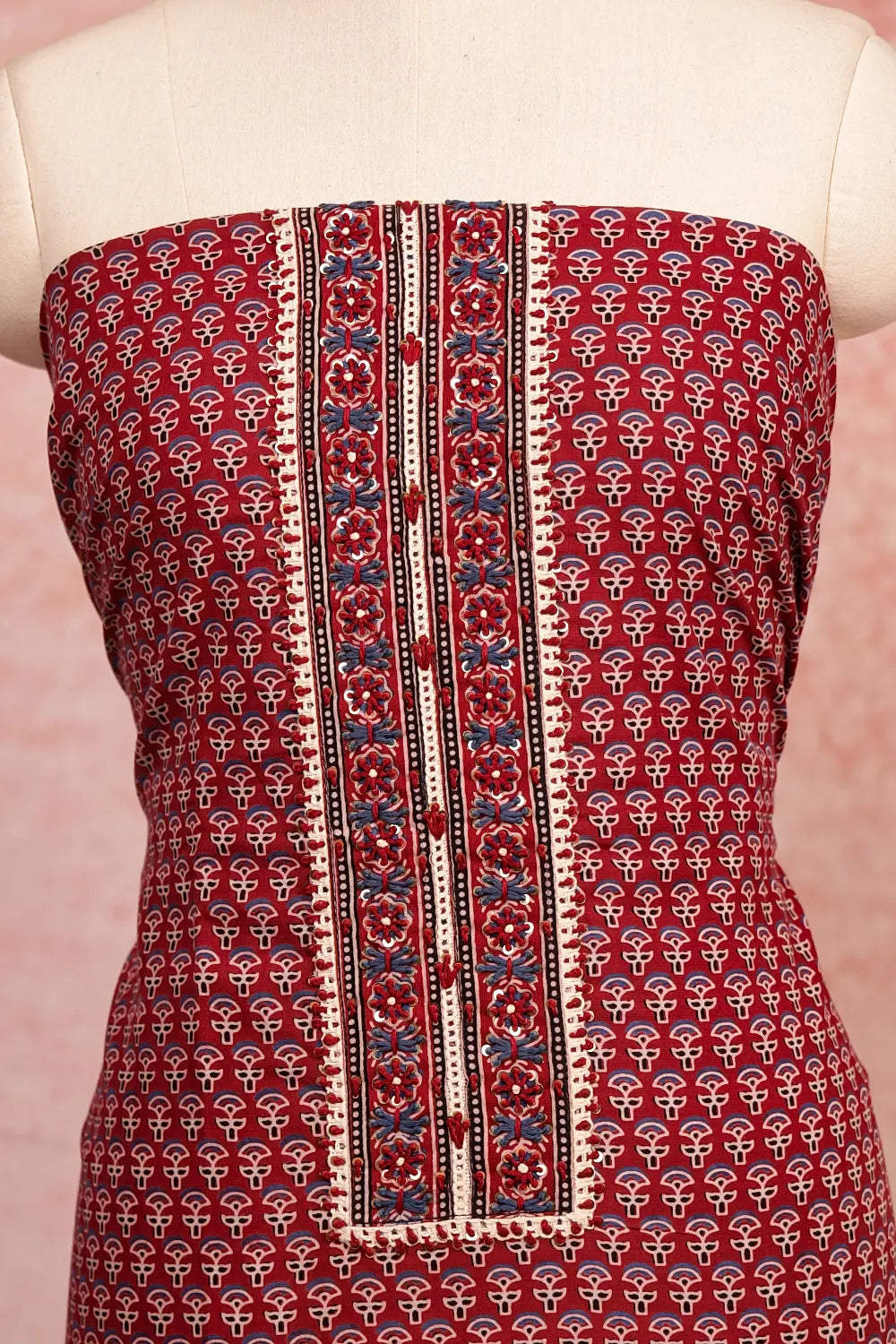Maroon Cotton Printed Unstitched Churidhar Material