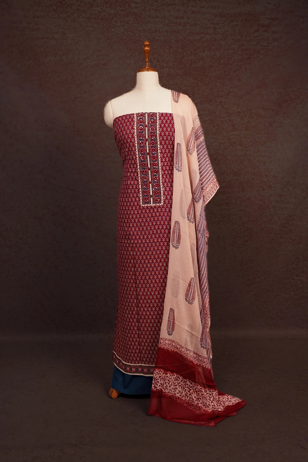 Maroon Cotton Printed Unstitched Churidhar Material