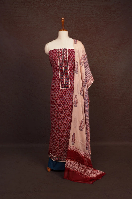 Maroon Cotton Printed Unstitched Churidhar Material