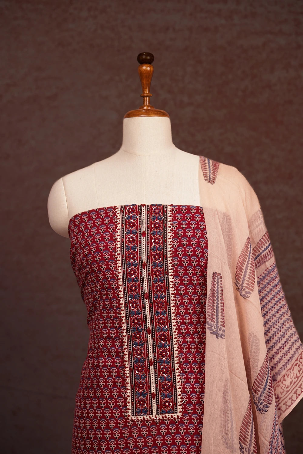 Maroon Cotton Printed Unstitched Churidhar Material