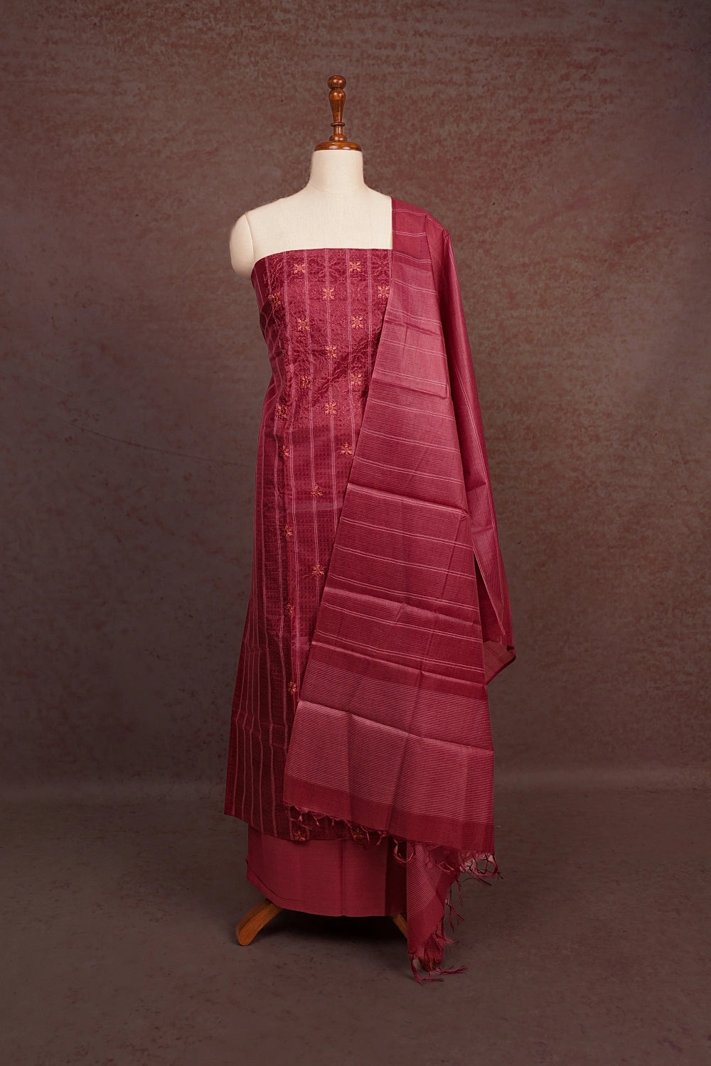 Dark Onion Pink Semi Tussar Embroidery Unstitched Churidhar Material