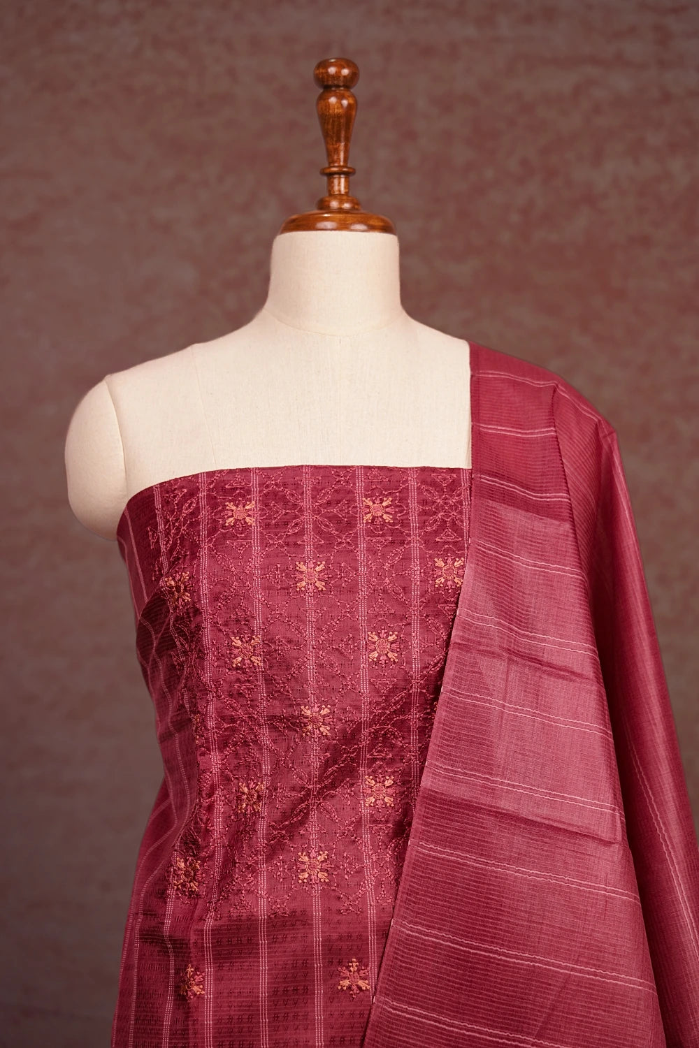Dark Onion Pink Semi Tussar Embroidery Unstitched Churidhar Material