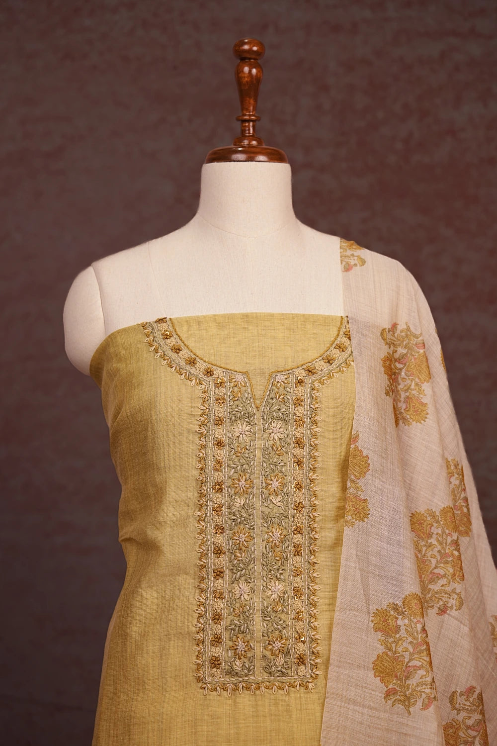 Light Yellow Chanderi Silk Thread Work Unstitched Churidhar Material