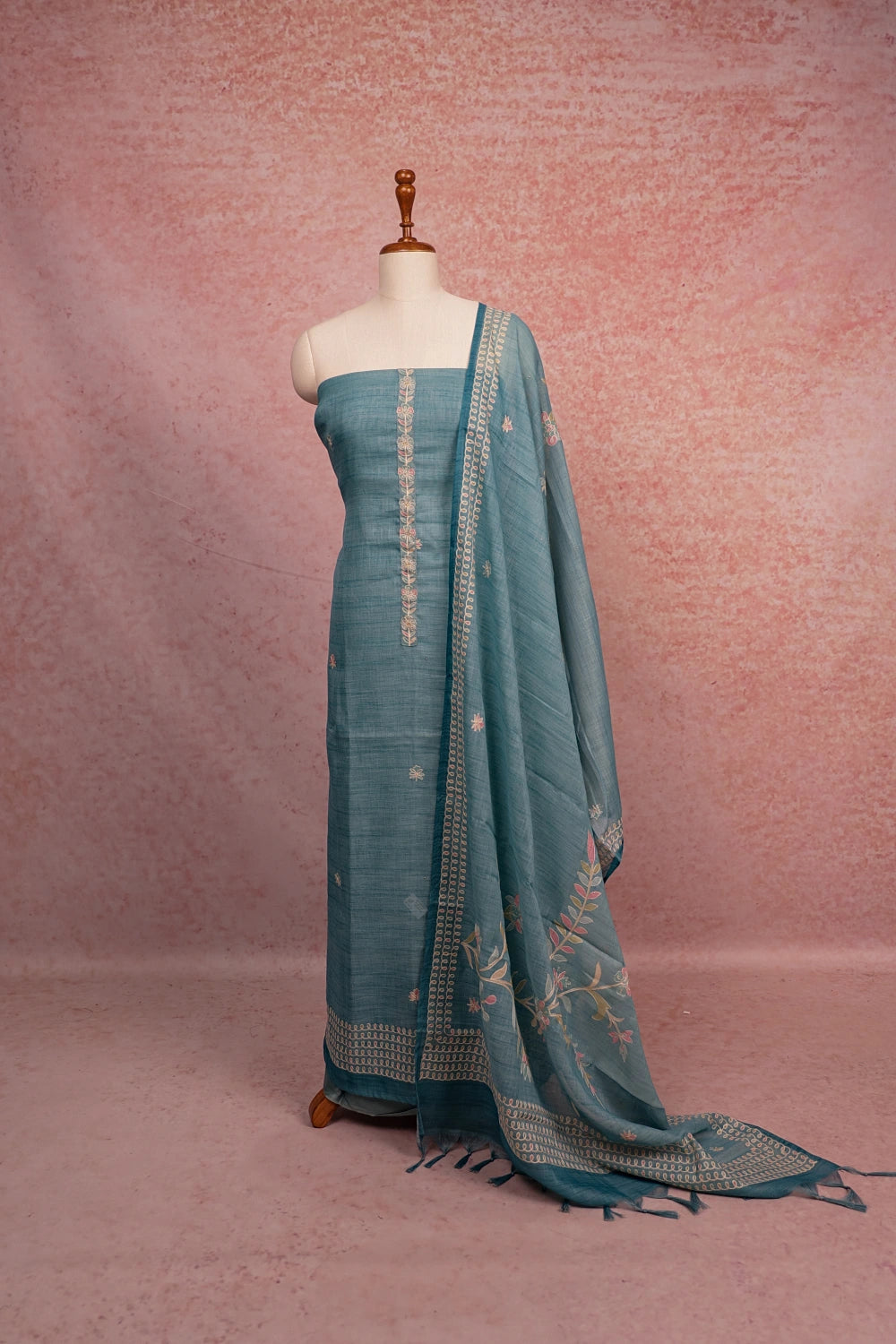 Light Blue Linen Embroidery Unstitched Churidhar Material