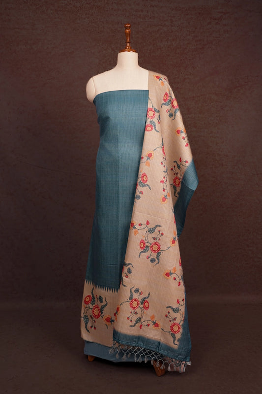 Greyish Blue Semi Tussar Printed Unstitched Churidhar Material