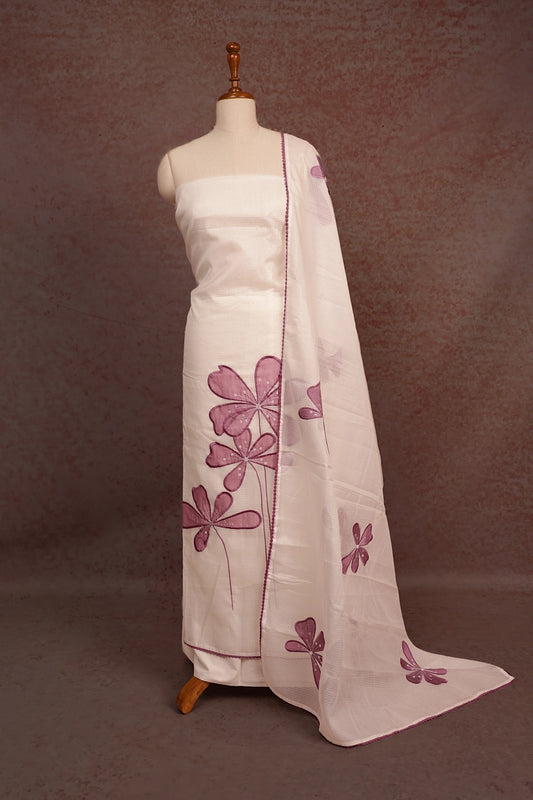 White Kota Applic Work Unstitched Churidhar Material