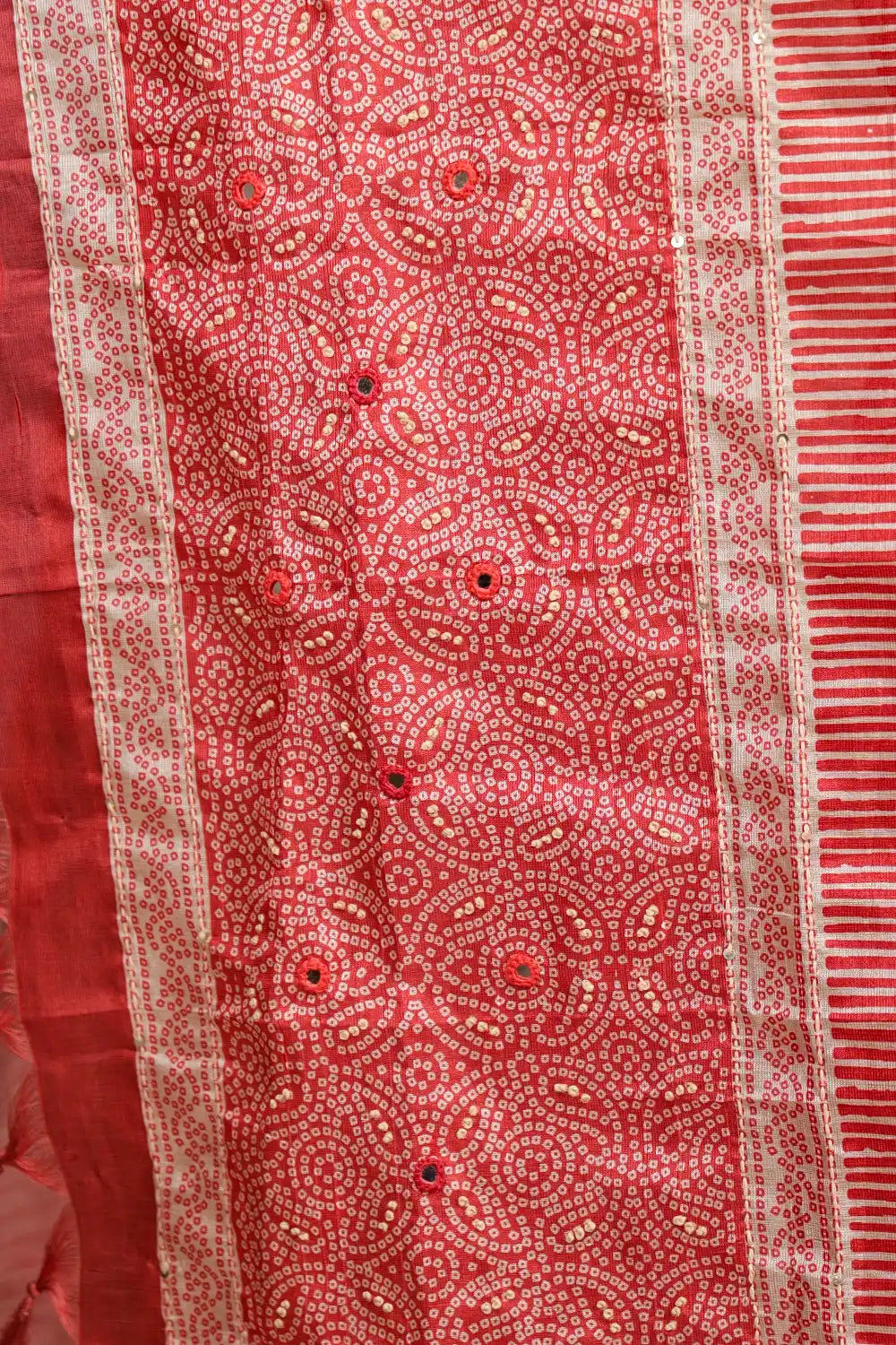 Red Semi Tussar Mirror Work Unstitched Churidhar Material