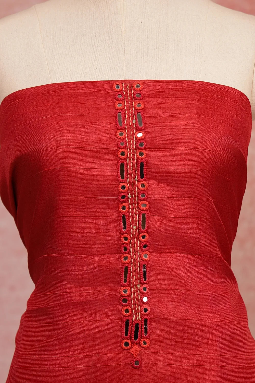 Red Semi Tussar Mirror Work Unstitched Churidhar Material