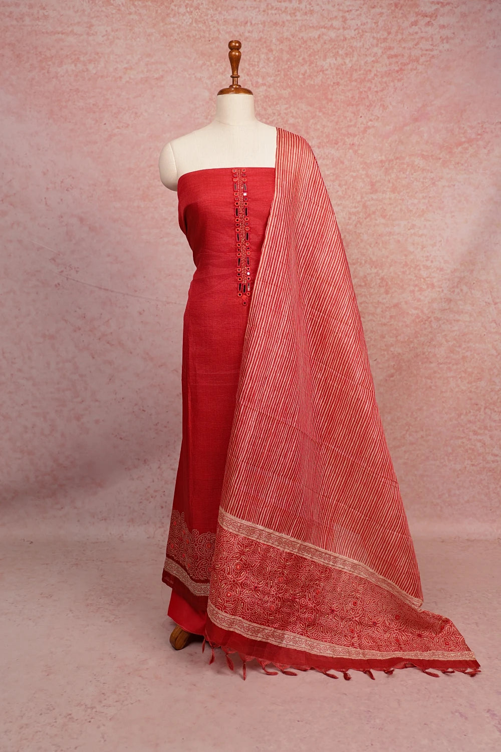 Red Semi Tussar Mirror Work Unstitched Churidhar Material