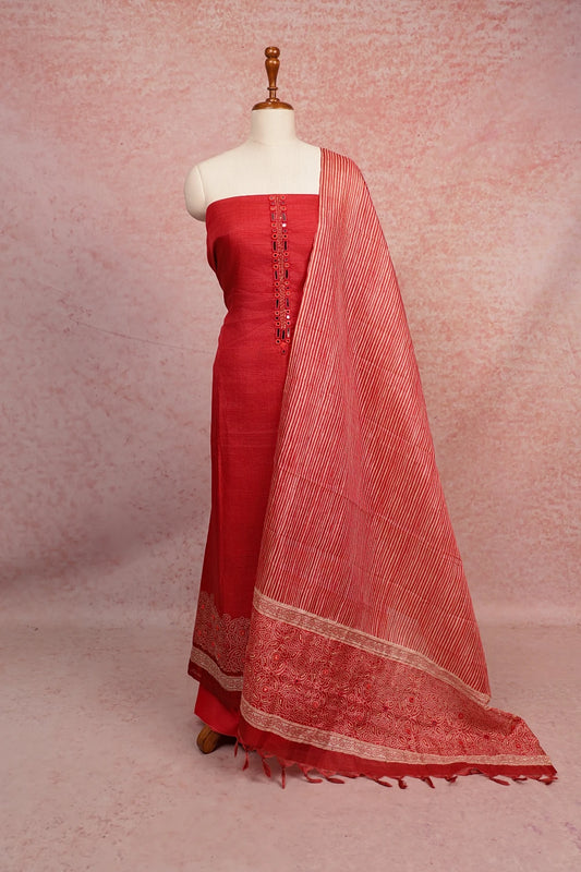 Red Semi Tussar Mirror Work Unstitched Churidhar Material