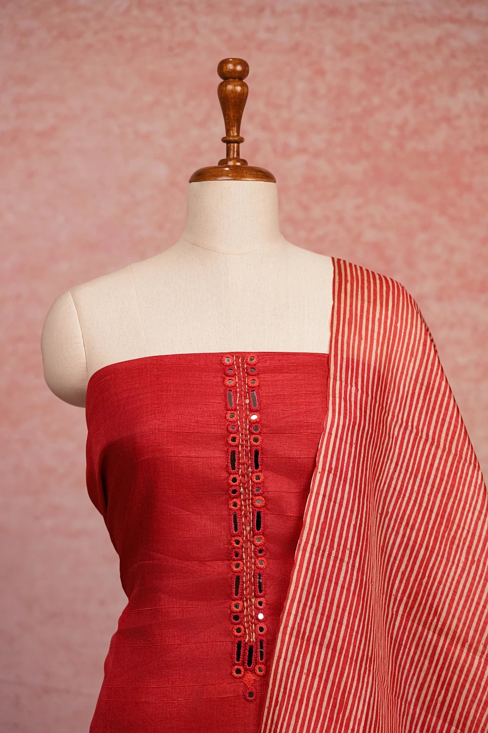 Red Semi Tussar Mirror Work Unstitched Churidhar Material