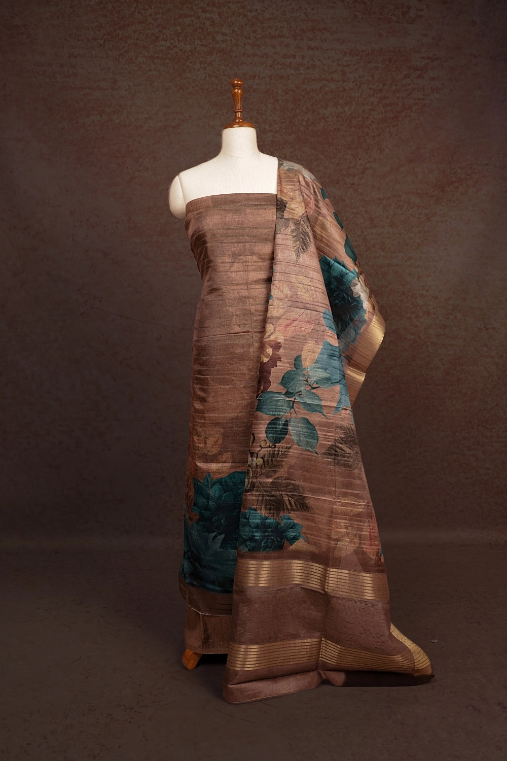 Chocolate Semi Tussar Floral Design Unstitched Churidhar Material
