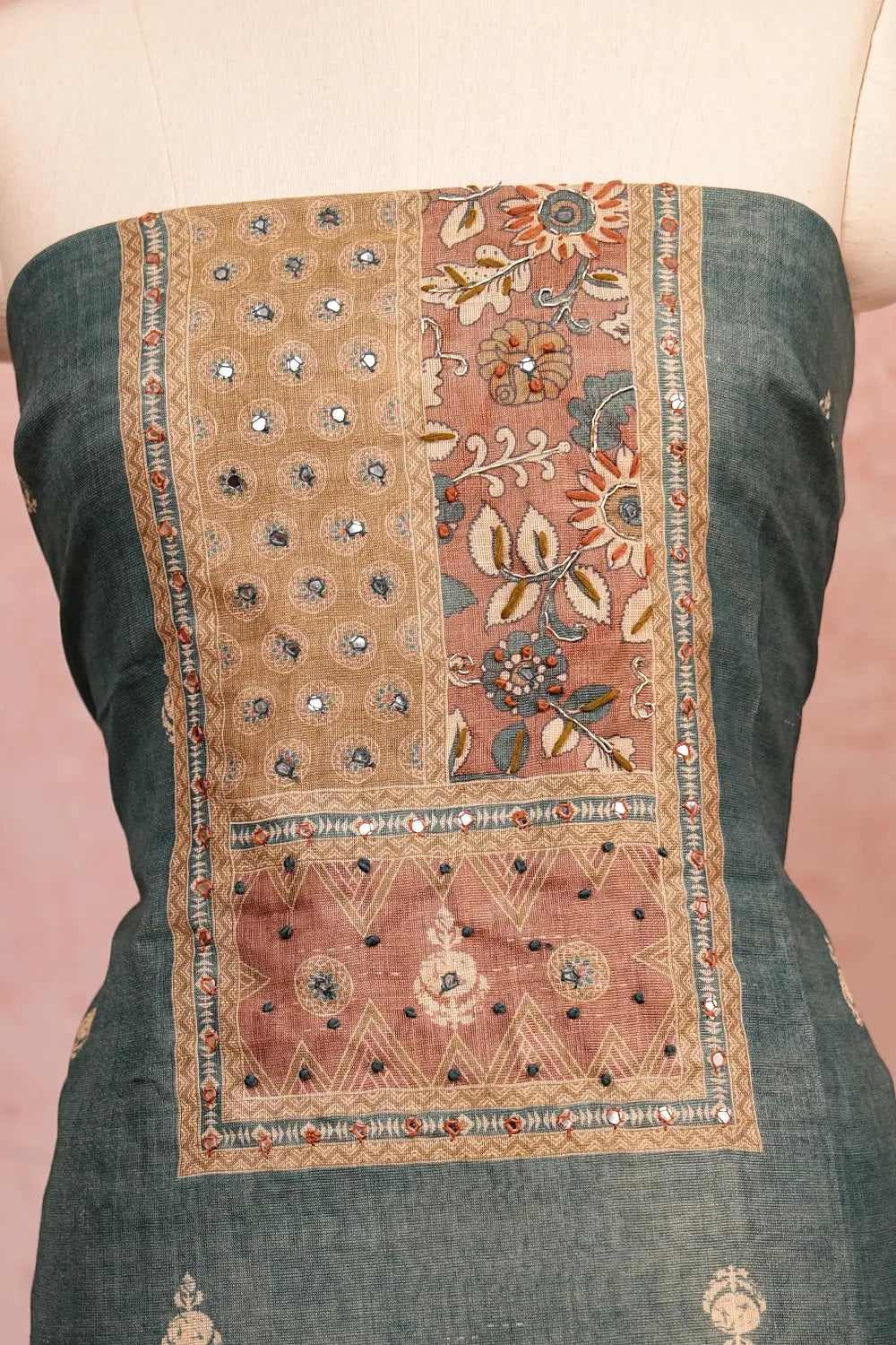 Greyish Black Tissue Printed With Glass Work Unstitched Churidhar Material