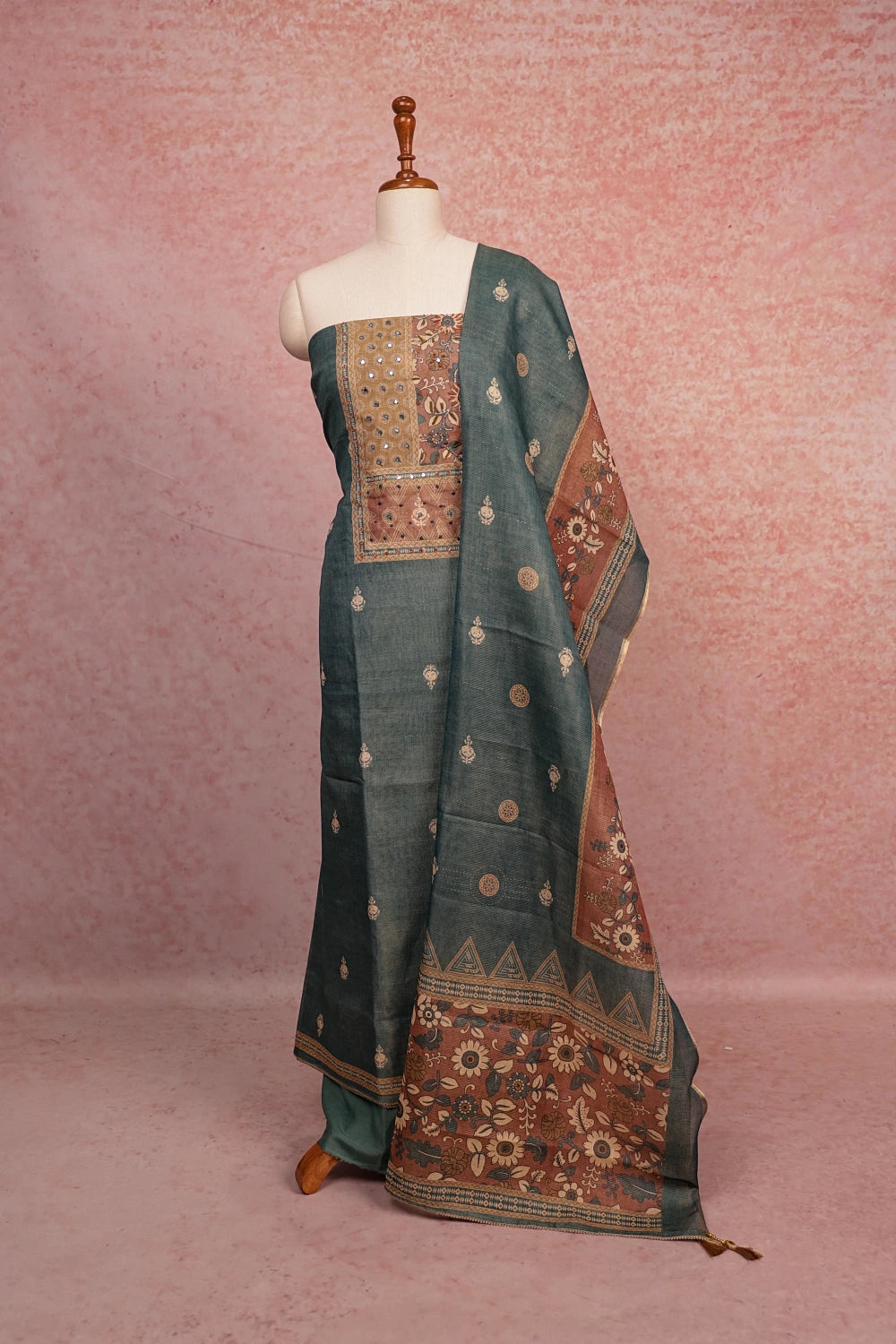 Greyish Black Tissue Printed With Glass Work Unstitched Churidhar Material
