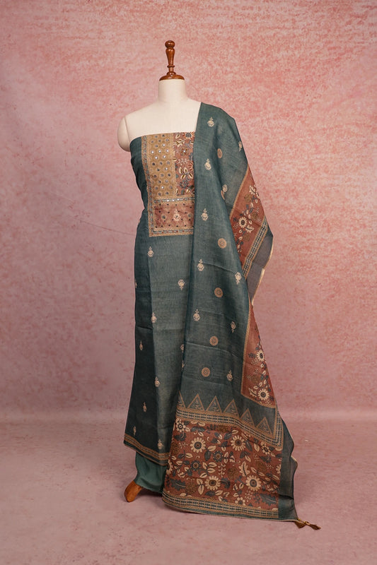 Greyish Black Tissue Printed With Glass Work Unstitched Churidhar Material