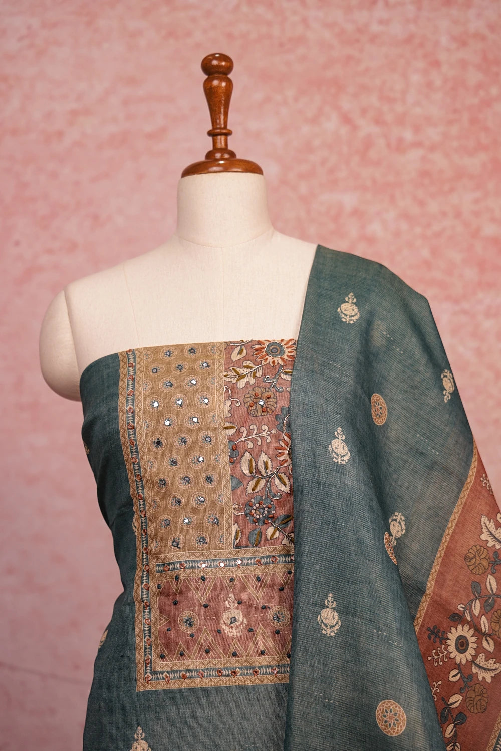 Greyish Black Tissue Printed With Glass Work Unstitched Churidhar Material