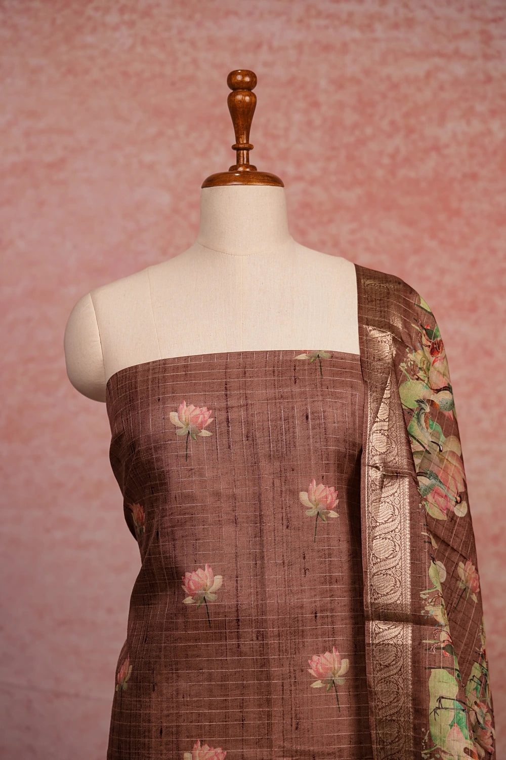 Coffee Brown Semi Tussar Printed Unstitched Churidhar Material