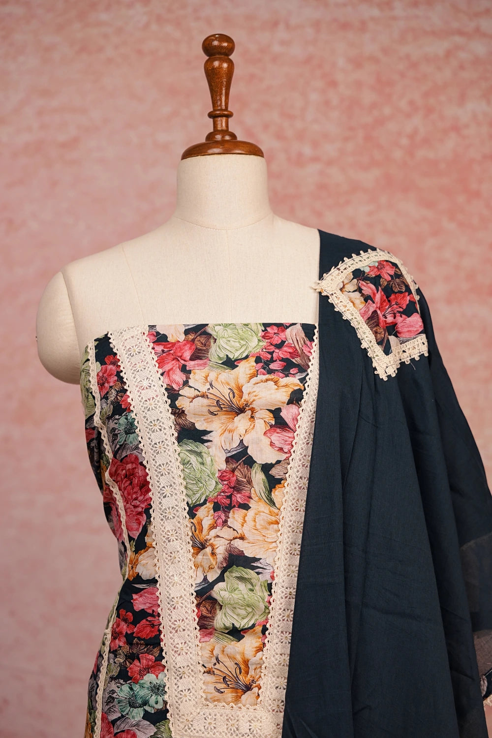 Dark Ash Cotton Floral Printed Unstitched Churidhar Material
