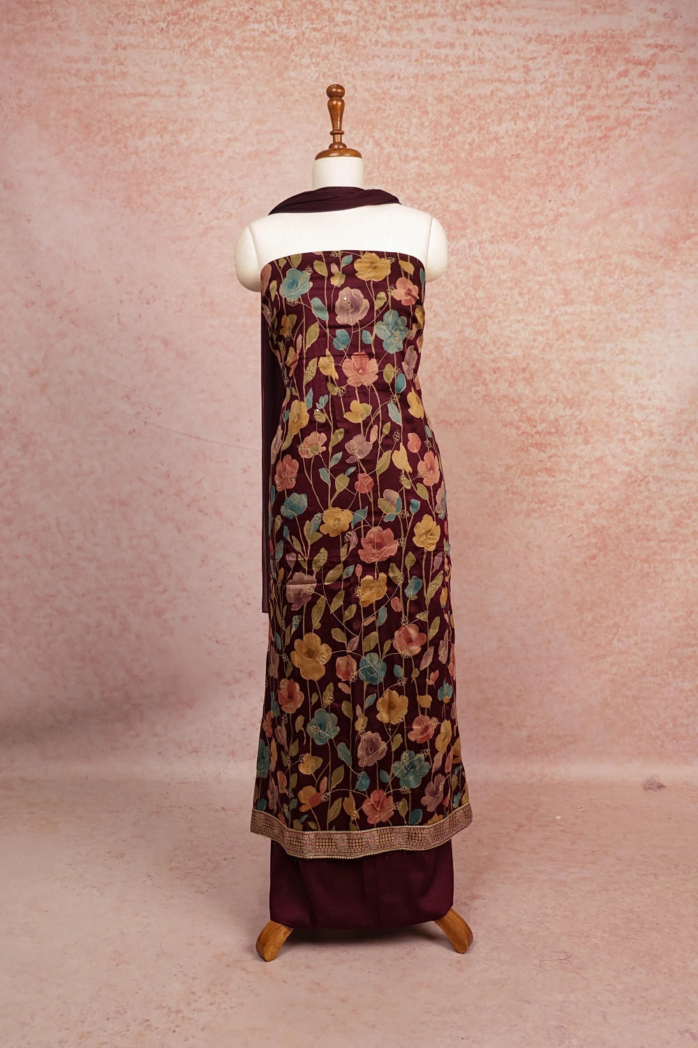 Wine Red Cotton Printed With Thread Work Unstitched Churidhar Material