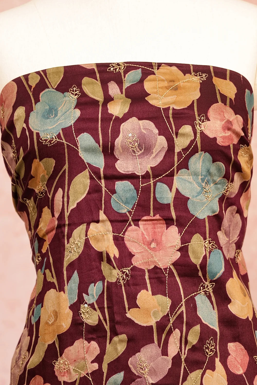 Wine Red Cotton Printed With Thread Work Unstitched Churidhar Material