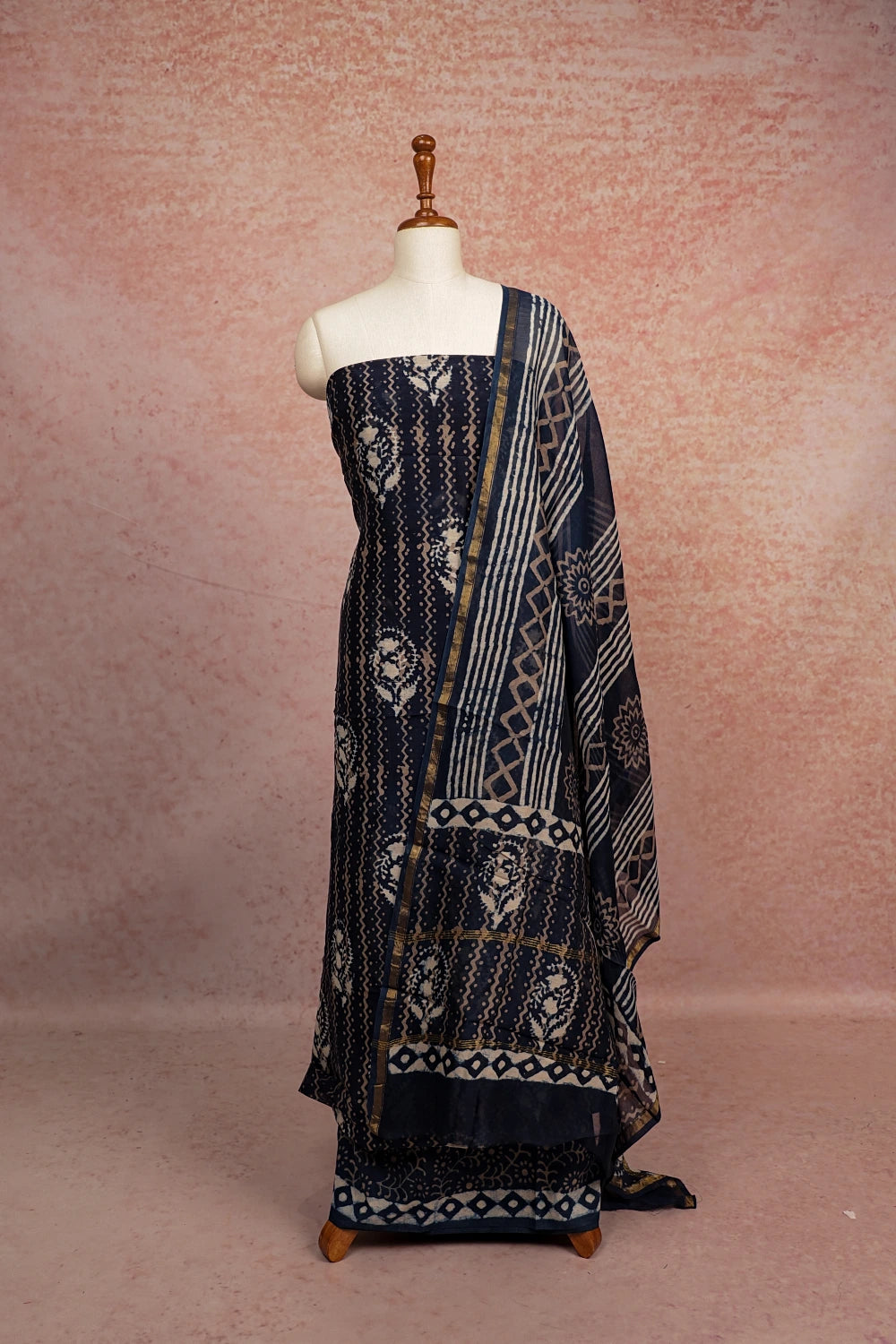 Navy Blue Chanderi Silk Printed Unstitched Churidhar Material