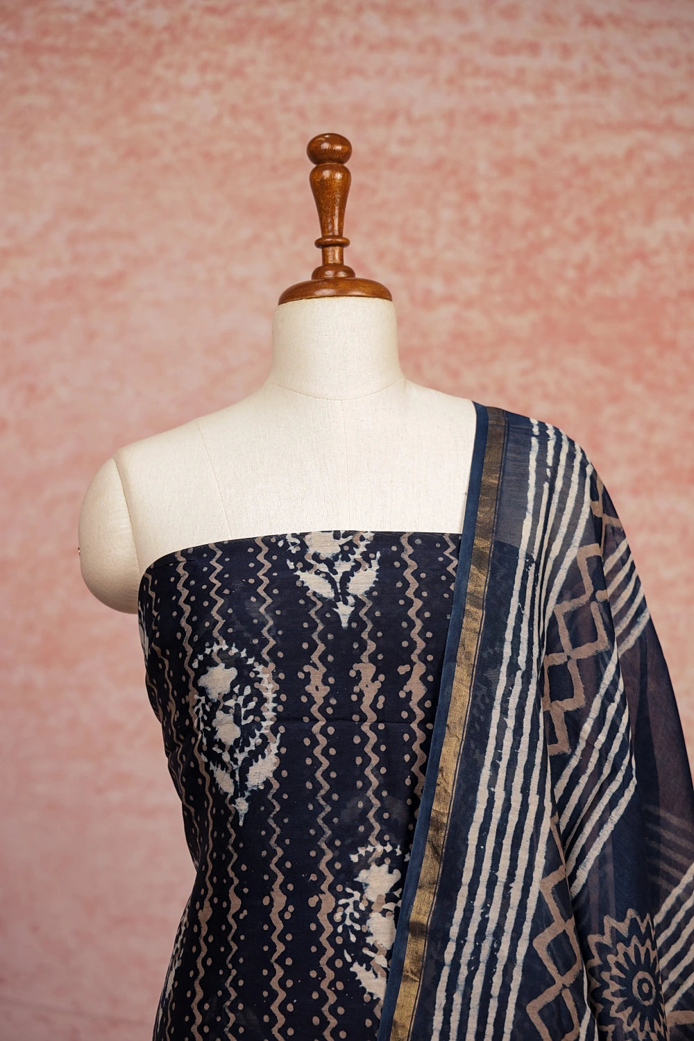 Navy Blue Chanderi Silk Printed Unstitched Churidhar Material