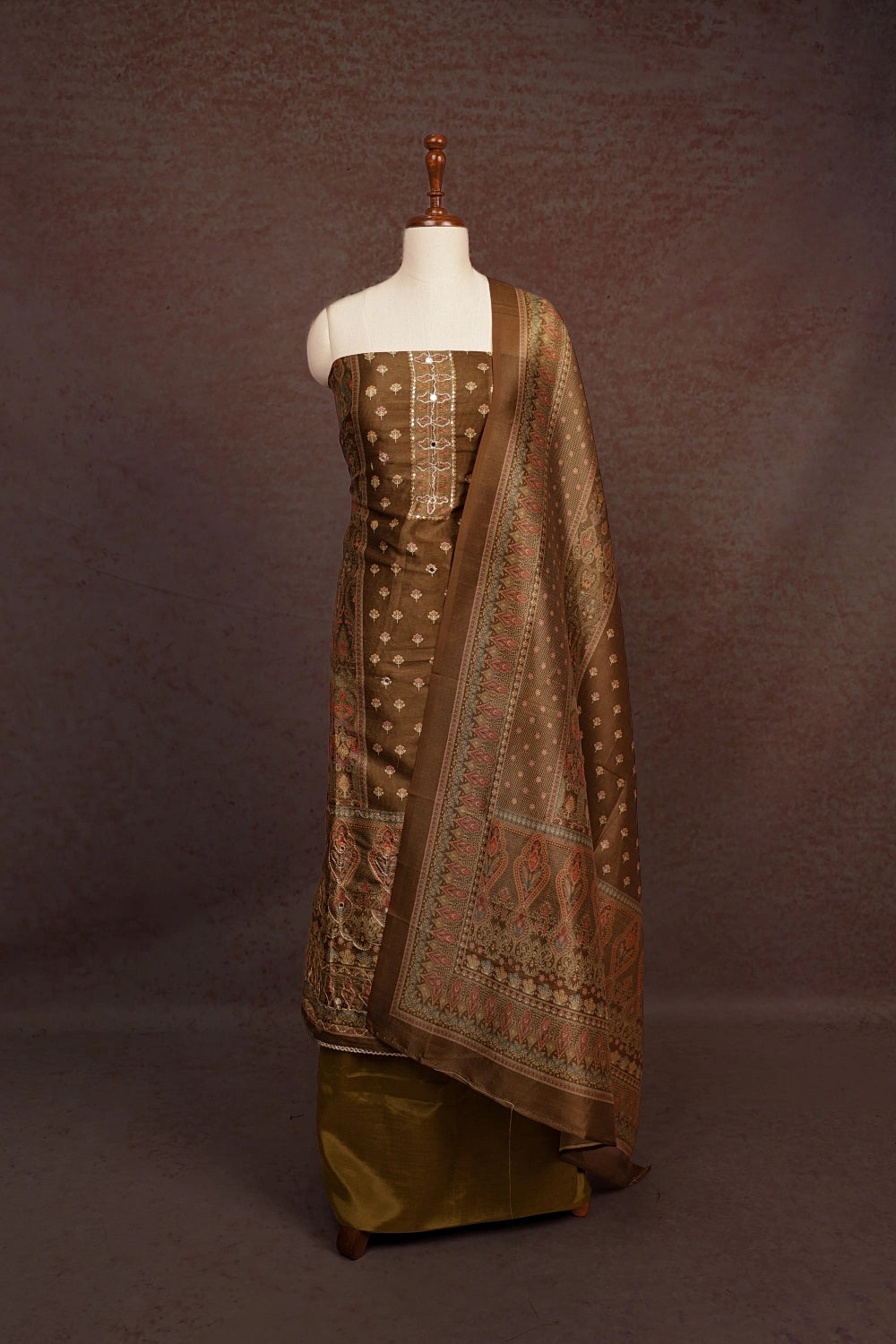Moss Green Cotton Silk Printed Lines Unstitched Churidhar Material