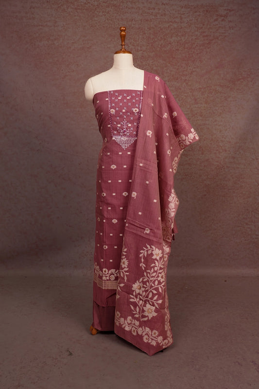 Onion Pink Chanderi Silk Beads Work Unstitched Churidhar Material