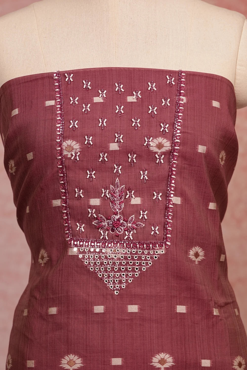 Onion Pink Chanderi Silk Beads Work Unstitched Churidhar Material