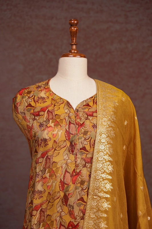 Mustard Yellow Organza Printed Unstitched Churidhar Material