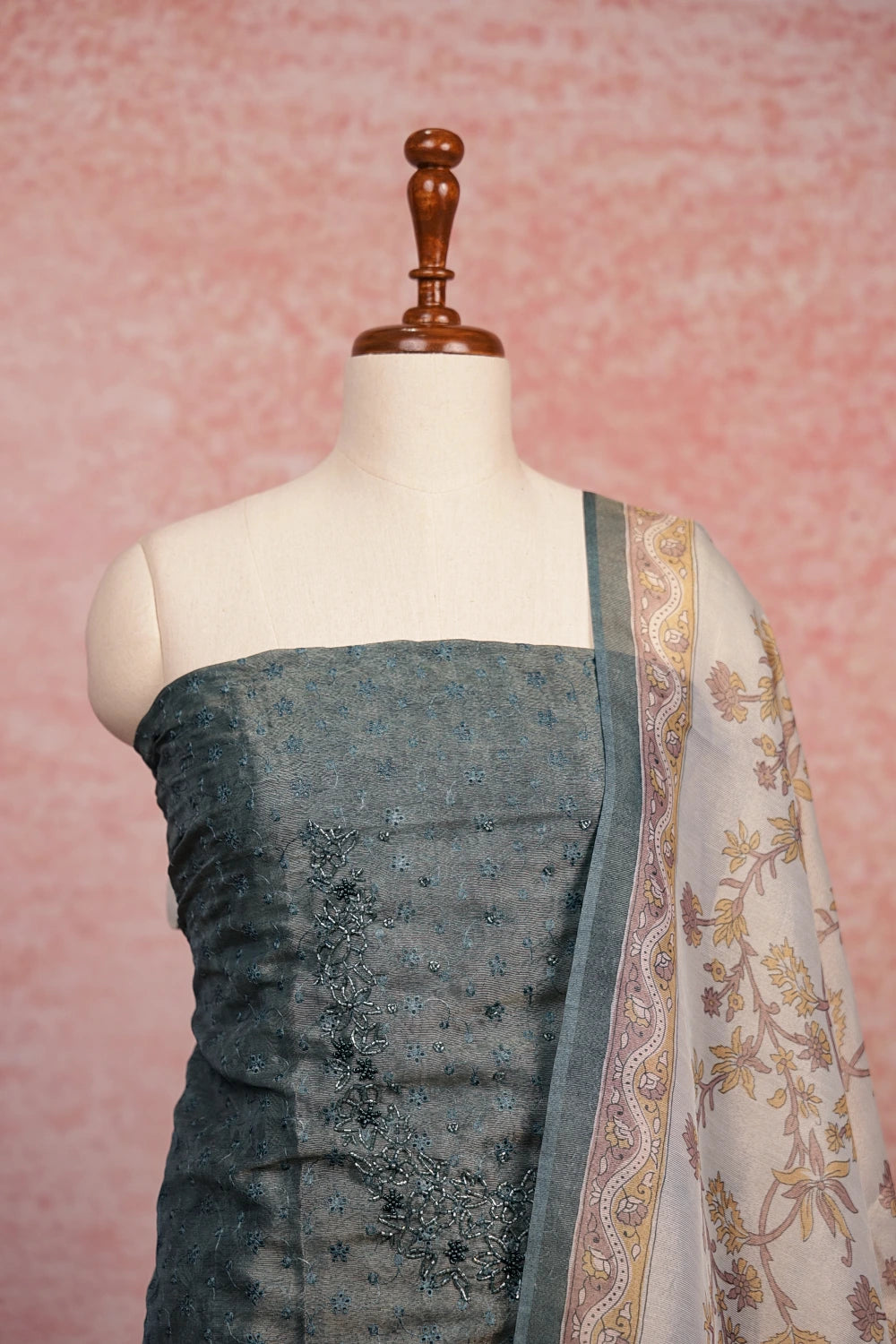 Greyish Blue Tissue Beads Work Unstitched Churidhar Material