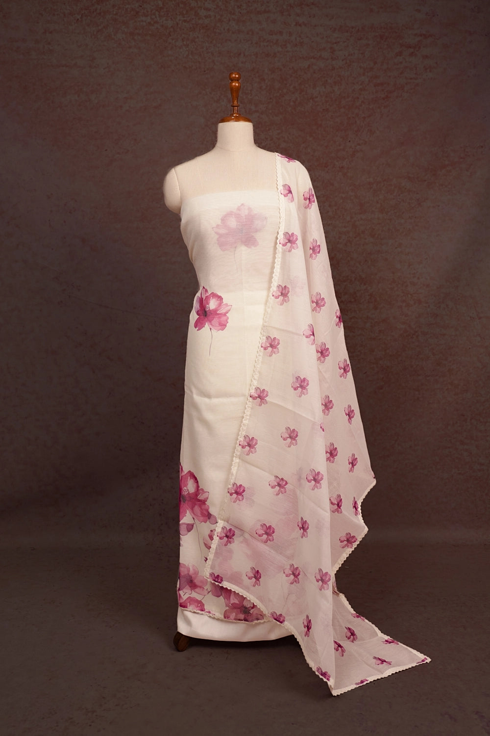Cream Semi Linen Floral Print Unstitched Churidhar Material