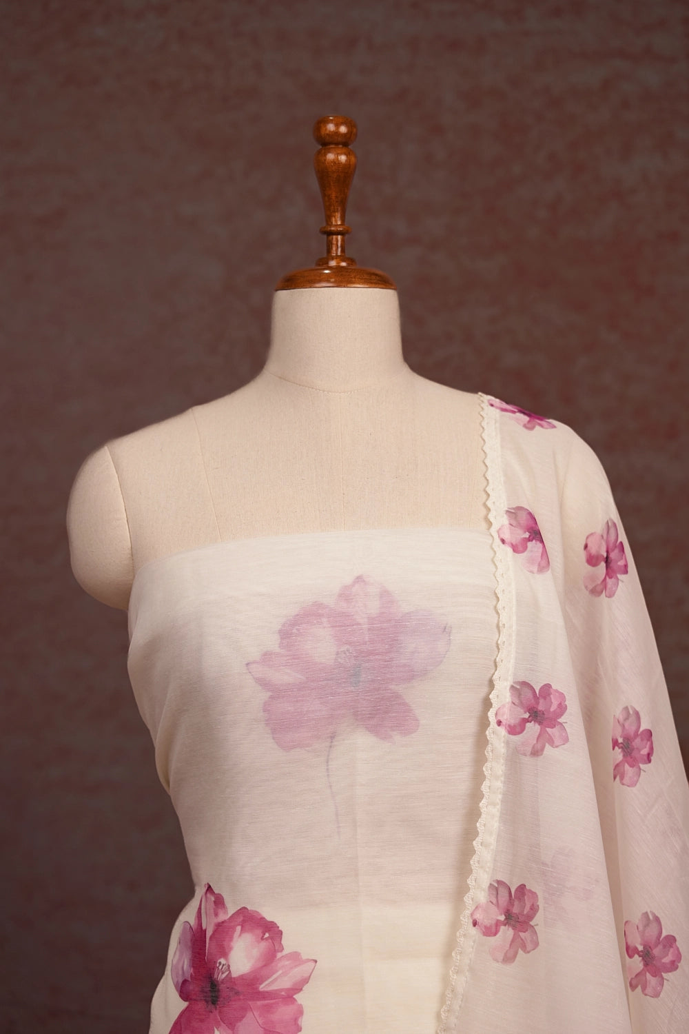 Cream Semi Linen Floral Print Unstitched Churidhar Material