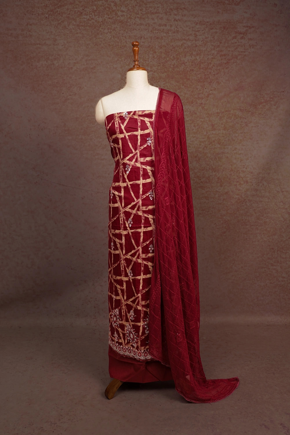 Wine Color Cotton Beeds Work Unstitched Churidhar Material