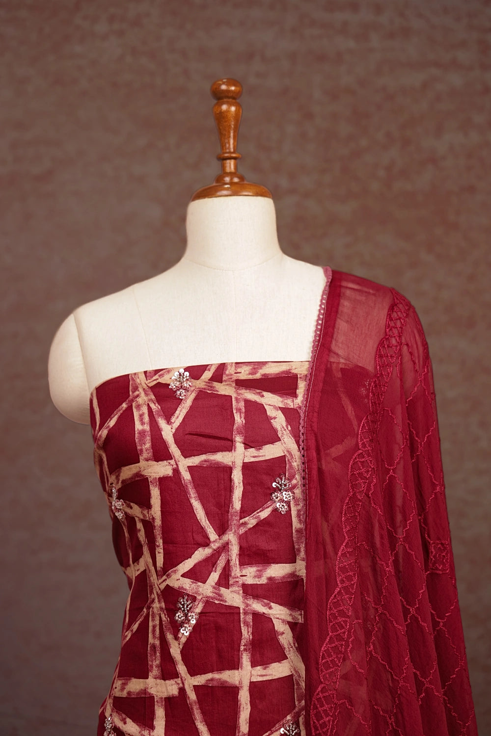 Wine Color Cotton Beeds Work Unstitched Churidhar Material