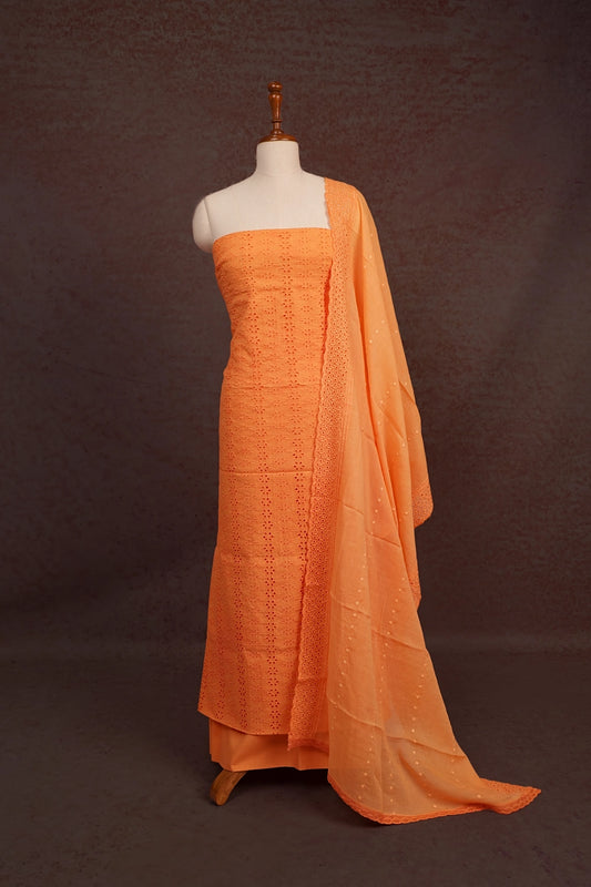 Orange Cotton Hakoba Work Unstitched Churidhar Material