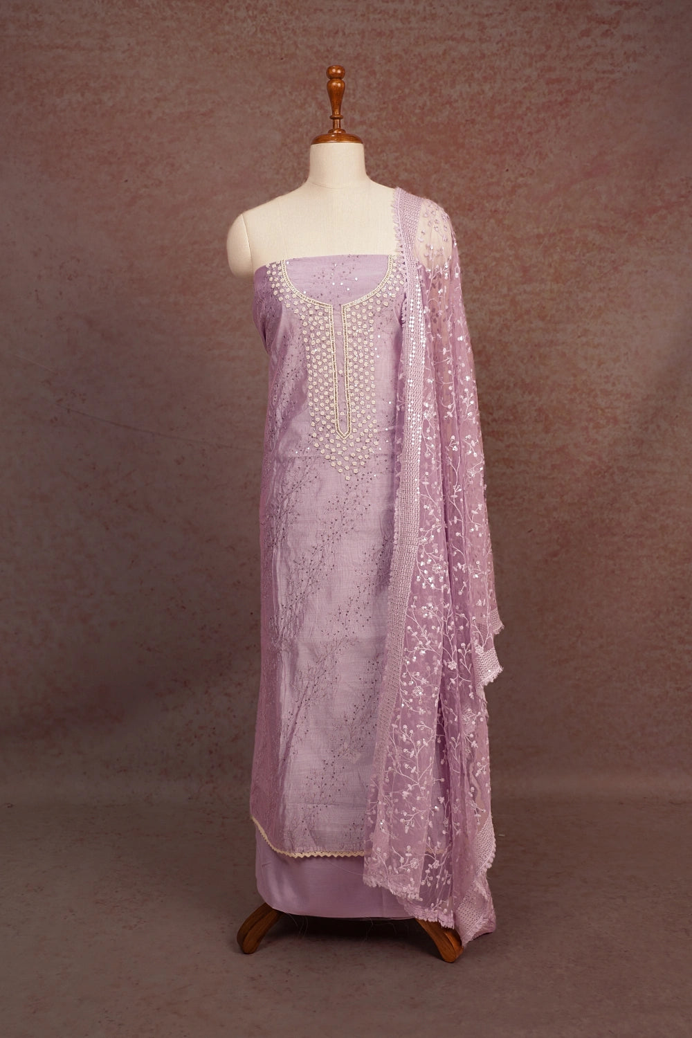 Lavender Chanderi Beeds Work Unstitched Churidhar Material
