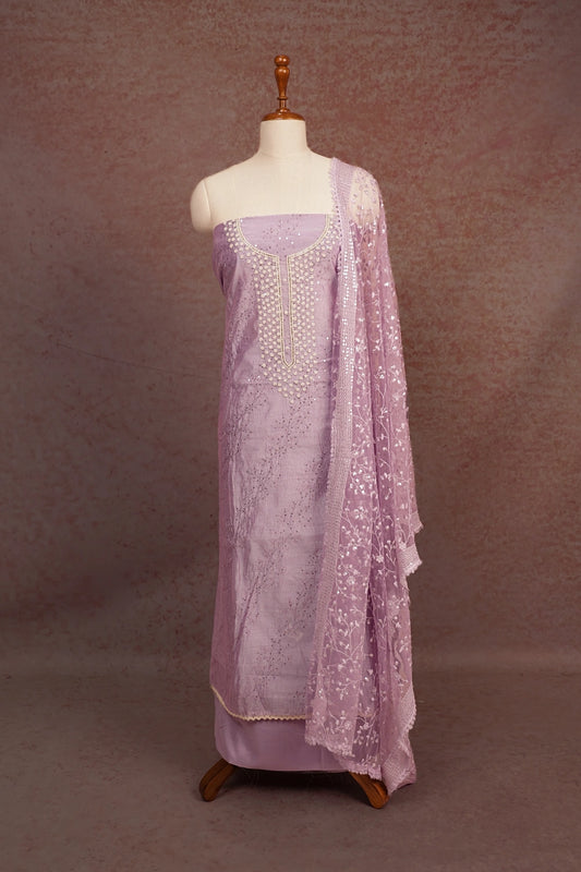Lavender Chanderi Beeds Work Unstitched Churidhar Material