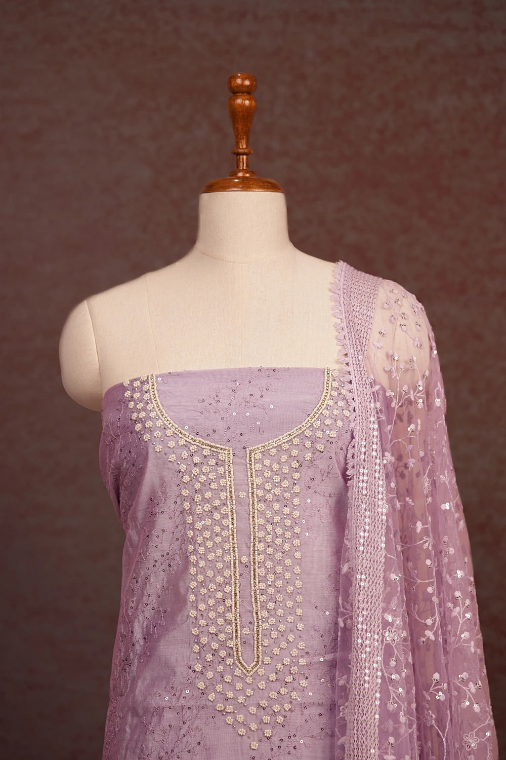 Lavender Chanderi Beeds Work Unstitched Churidhar Material