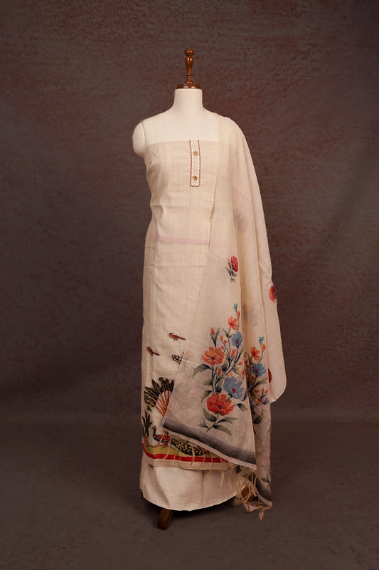 Cream Chanderi Silk Hand Work Unstitched Churidhar Material