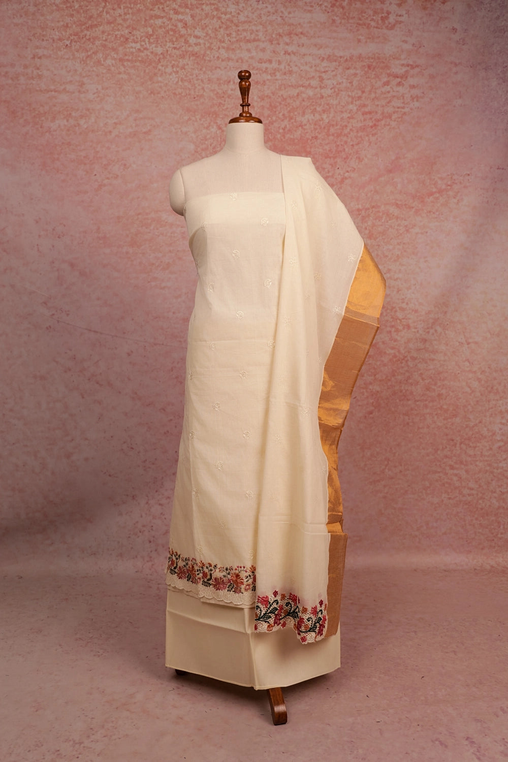 Cream Cotton Embroidery Unstitched Churidhar Material