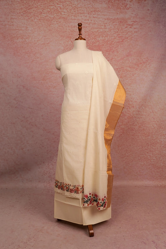 Cream Cotton Embroidery Unstitched Churidhar Material