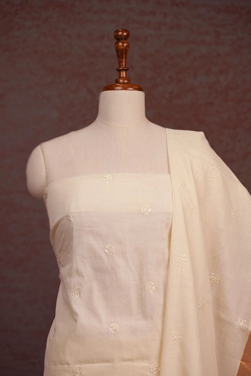 Cream Cotton Embroidery Unstitched Churidhar Material