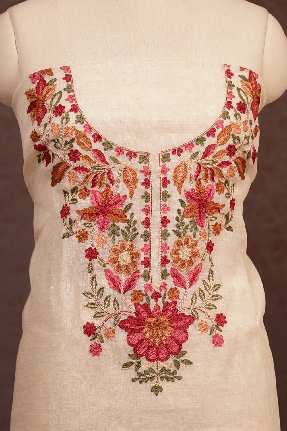 Cream Semi Linen Embroidery Work Unstitched Churidhar Material