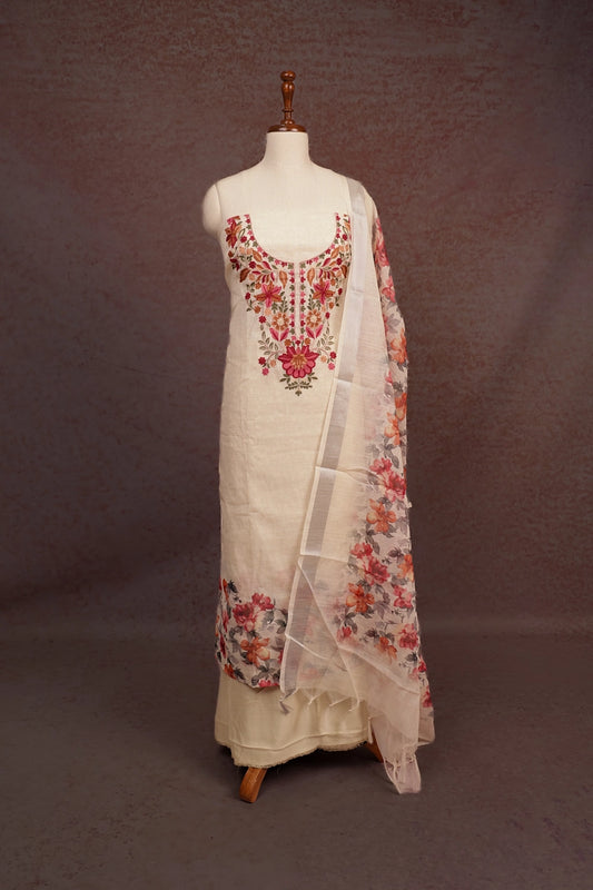 Cream Semi Linen Embroidery Work Unstitched Churidhar Material