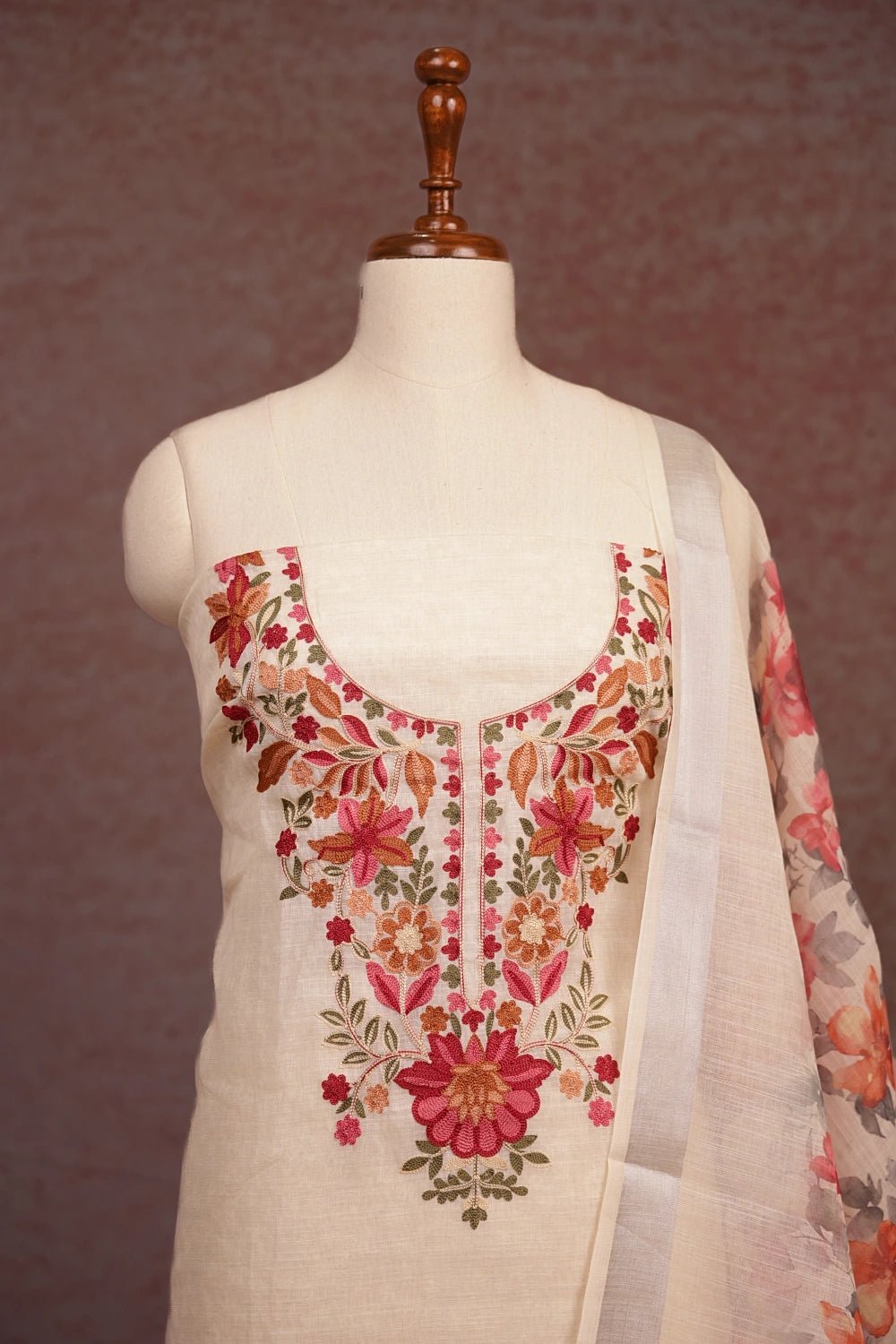Cream Semi Linen Embroidery Work Unstitched Churidhar Material