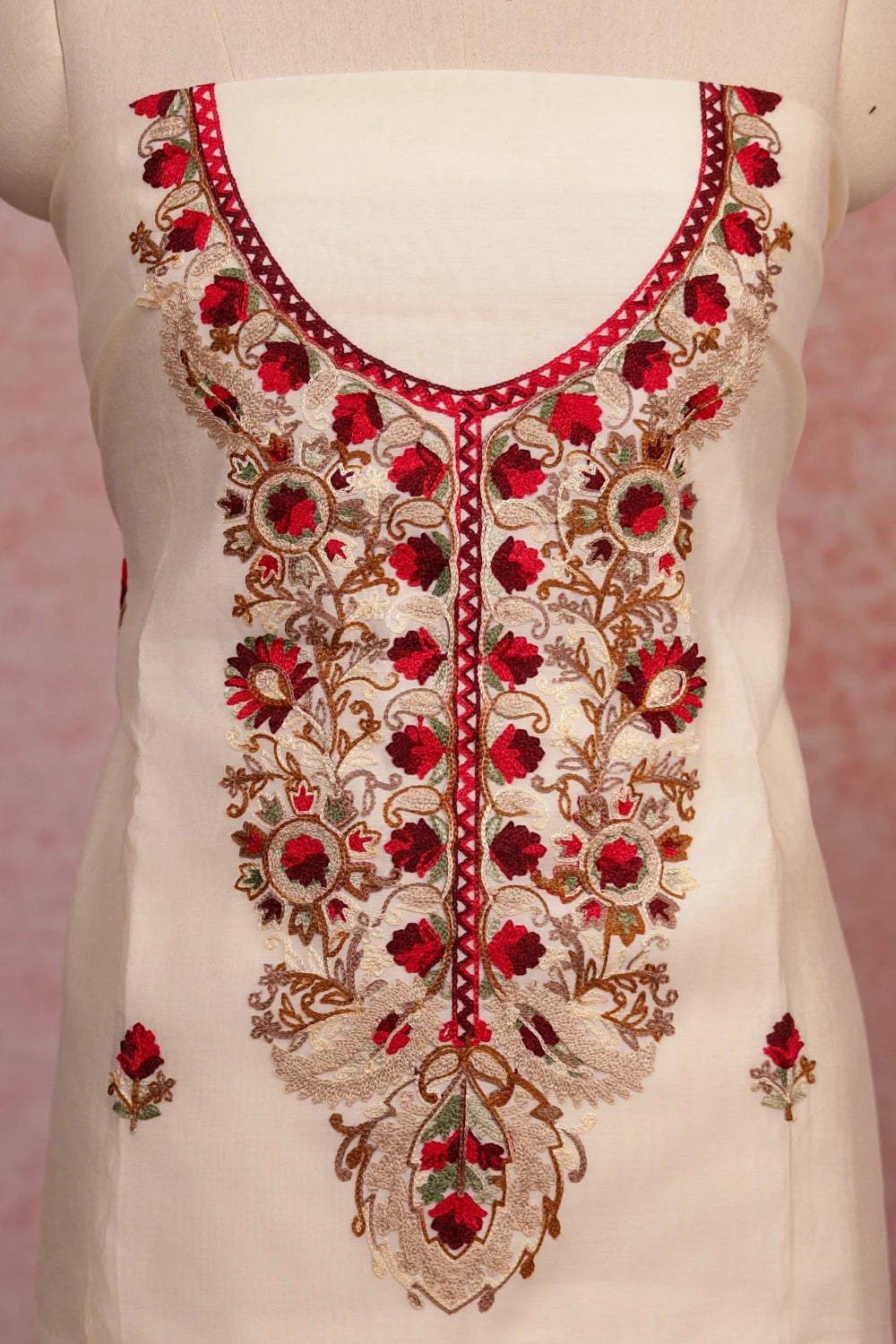 Cream Cotton Embroidery Work Unstitched Churidhar Material