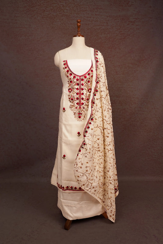 Cream Cotton Embroidery Work Unstitched Churidhar Material
