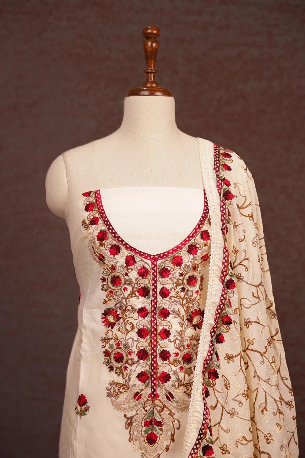 Cream Cotton Embroidery Work Unstitched Churidhar Material